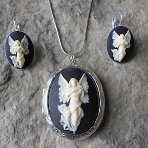 Locket and French Lever Back Earrings Set-- Flying Guardian Angel Cameos- Religious- Angel -  Gifts -.925 plated 22&quot; Chain--- Great Quality