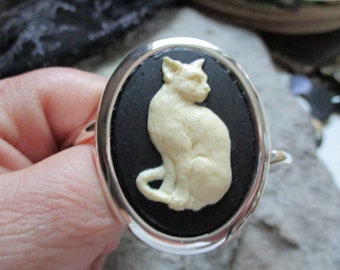 Choose Finish and Color, Cream/Black, Black/White or White/Blue - Cat Cameo Silver Plated Cuff Bracelet - Quality - Cat Lover - Cat Gift