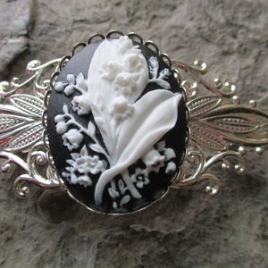 Choose Silver, Black, Gold or Bronze- Lily of the Valley Cameo Gold Filigree Barrette - Hair Accessory - White/Black - Bride - Hair - Bridal