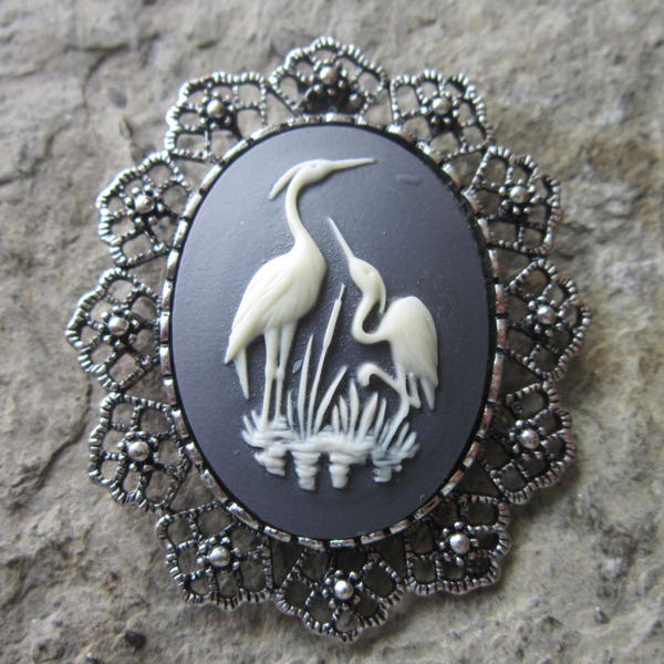 Choose Antiqued Silver or Silver - 2 in 1 - Heron, Crane, Stork Cameo Brooch/Pin/Pendant Beautiful Detail and Great Quality - Unique - Bird