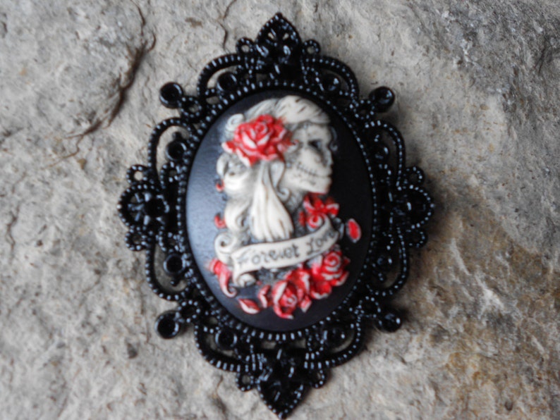 Forever Love Zombie, Skeleton Woman Hand Painted Cameo Pendant Black Setting Sugar Skull, Halloween, Unique, Goth, Gothic, Zombie image 1