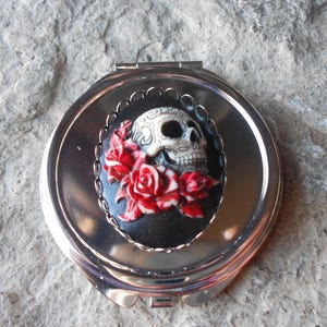 Hand Painted Skull and Roses Cameo Compact Mirror - Makeup Mirror, Lipstick Mirror, Beauty, Pill Case, Stash, Holder, Goth