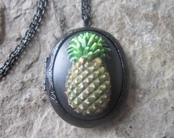 Pineapple Hand Painted Cameo Black Enamel Locket - Unique - Tropical - Vacation - Cruise