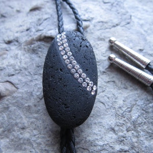 Genuine Lava Rock / Stone with Inset CZ Rhinestones -  Unisex Bolo - Bola Tie - Necklace - Wedding - Groom - Southwestern