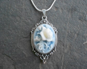 Stunning Ivory Rose on Blue Cameo Pendant Necklace---.925 plated 22" Chain--- Great Quality