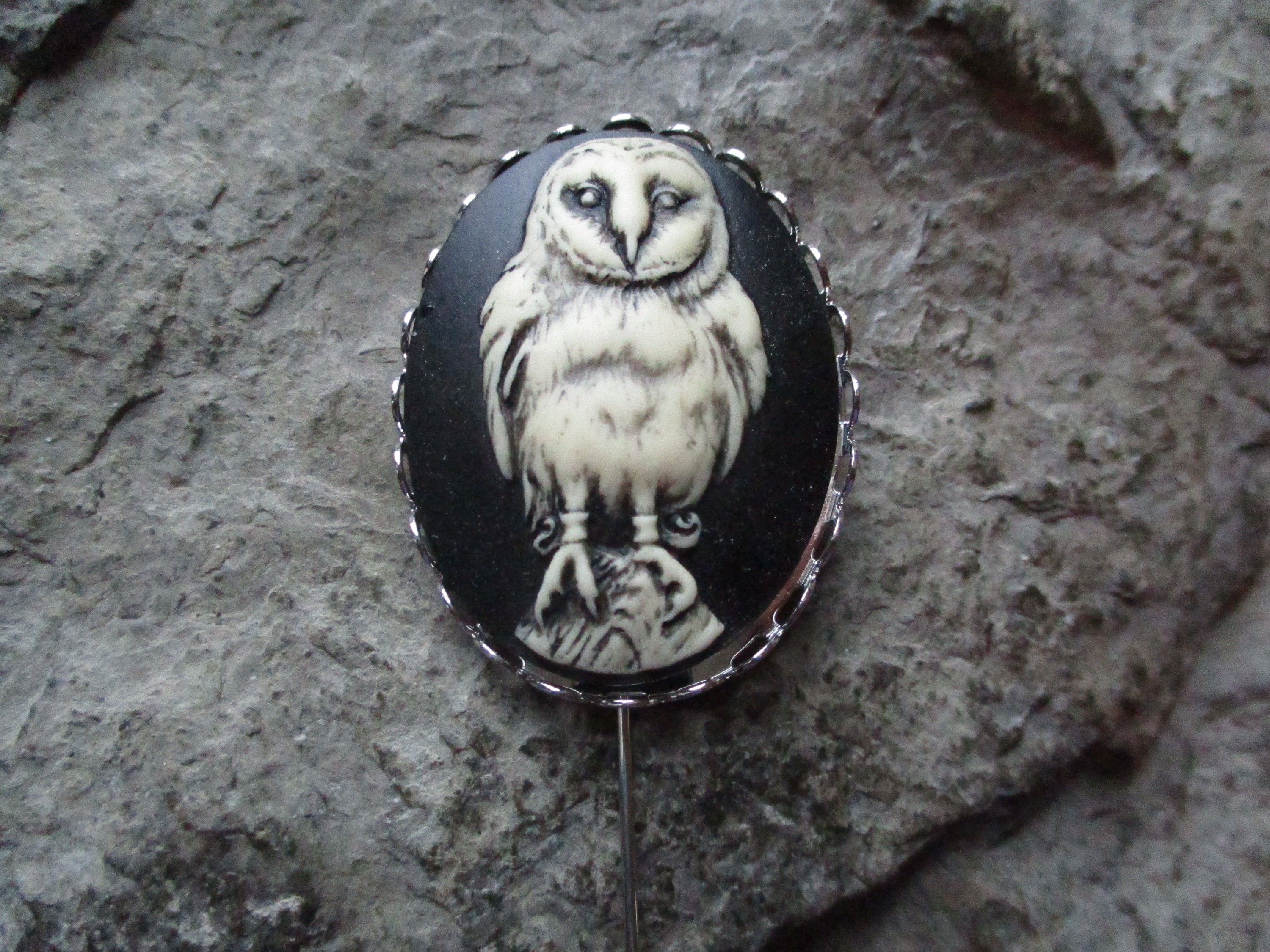 Barn Owl Hand Painted Cameo Stick Pin - Hat Pin - Scarf Pin, Tie Pin - Halloween - Spooky - Scary