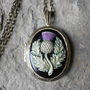 Stunning Scottish Thistle Cameo (hand painted) Bronze Pendant Locket - Scotland - Celtic - 2&quot; Long - Antiqued Look--- Great Quality