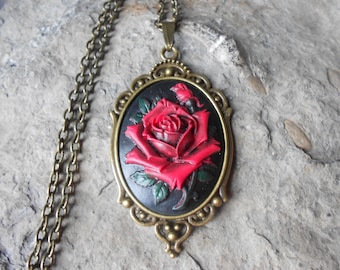 Red with Black Rose Hand Painted Cameo Pendant Necklace (black), Bronze, Vampire, Goth, Wiccan, Wicca, Halloween -- Great Quality
