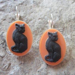 Choose Silver, Gold or Bronze - Halloween Black Cat on Orange Cameo French Lever Back Earrings!!!  Wonderful Quality!!! Witch Spooky