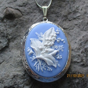 Choose Silver or Bronze- Lily of the Valley Cameo Locket - On Blue - Gorgeous Colors - Quality -  Weddings, Photos, Keepsakes