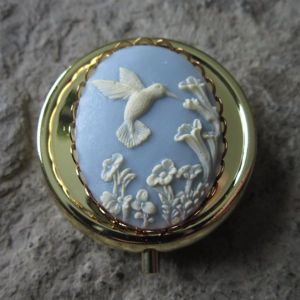 Choose Gold or Silver and Blue, Purple, Black- Hummingbird Cameo Pill Box - Medication Case - Pill Case - Meds - Bird - Medication Organizer