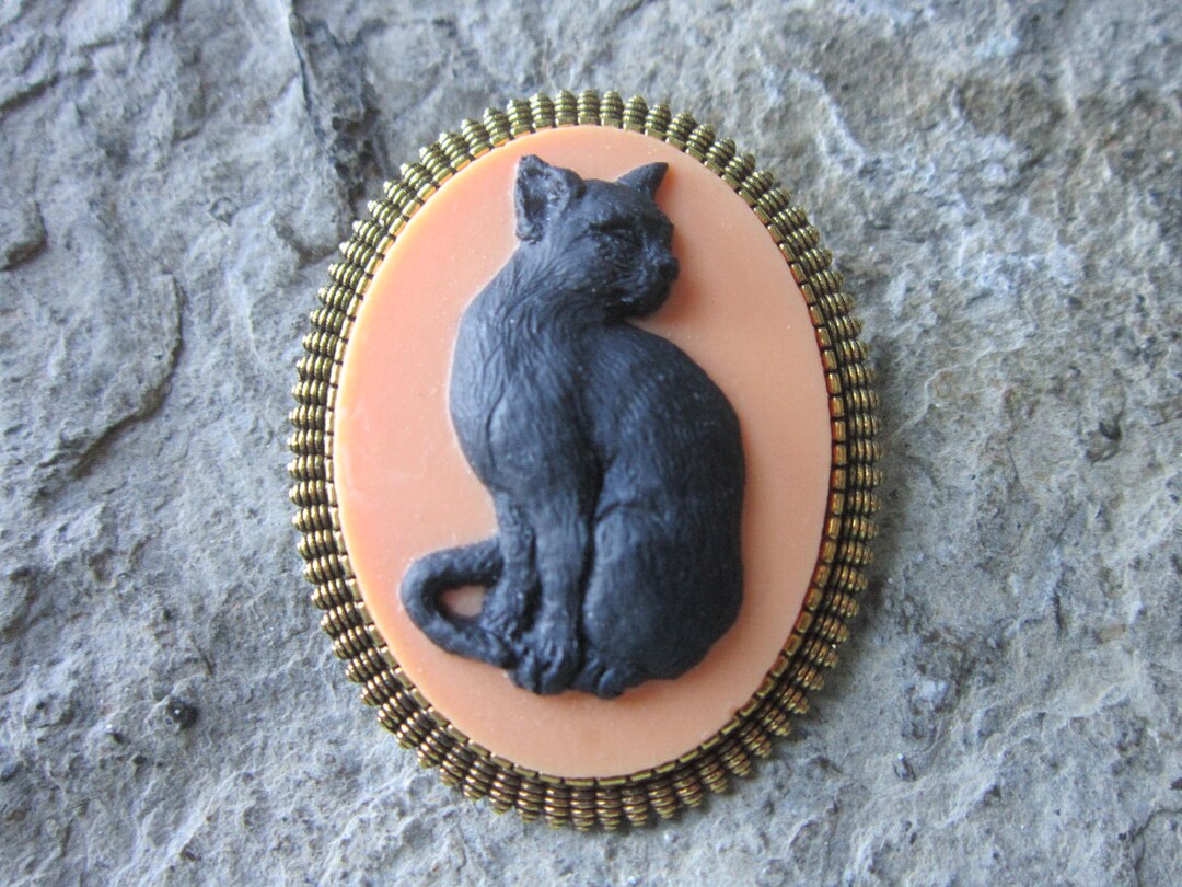 Halloween Black Cat (on Orange) Cameo- Brooch / Pin - Great Quality ...