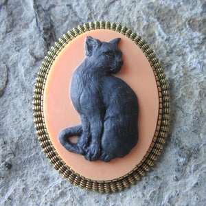 Halloween Black Cat (on Orange) Cameo-  Brooch / Pin - Great Quality!!! Witch Costume Accessory, Spooky, Scary, Cat Lover, Gift