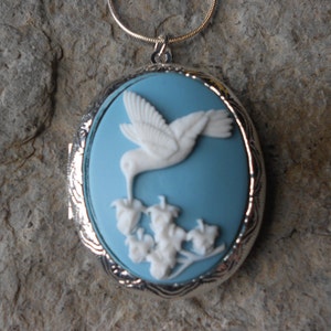 Choose Silver, Bronze or Antique Silver - Hummingbird (White on Sky Blue) Locket -  2&quot; Long - Wedding - Keepsake, Photo - Great Quality