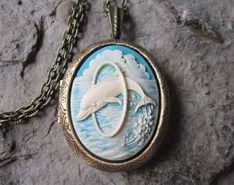 Dolphin Locket Necklace Jewelry Handmade Chains Glass Dome Locket Pendants New Animal Locket Necklace，AQ105