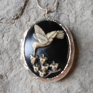 LOCKET--Stunning Hummingbird Cameo (hand painted) Pendant Locket--  2&quot; long---.925 plated 22&quot; Chain--- Great Quality