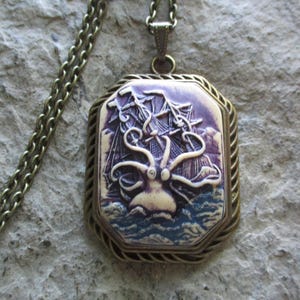 Choose Bronze or Silver - Hand Painted Kraken and Clipper Ship in Waves Cameo Necklace - Octopus - Squid - Sea Monster - Victorian Goth