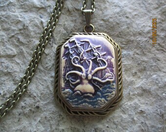 Choose Bronze or Silver - Hand Painted Kraken and Clipper Ship in Waves Cameo Necklace - Octopus - Squid - Sea Monster - Victorian Goth