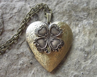 Bronze Irish Shamrock Heart Lockets - Great Quality - Four Leaf Clover - St. Patrick's Day - Photos, Stash, Keepsakes, Unique