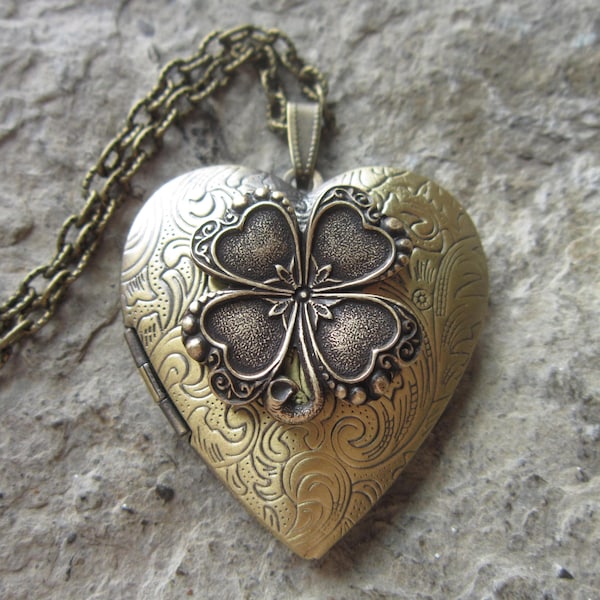 Bronze Irish Shamrock Heart Lockets - Great Quality - Four Leaf Clover - St. Patrick's Day - Photos, Stash, Keepsakes, Unique