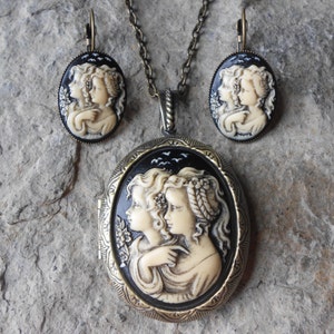 Mother, Daughter, Sisters, Friends, Generations Hand Painted Cameo Locket and French Earrings Set - Heirloom Quality- Antiqued Look - Bronze