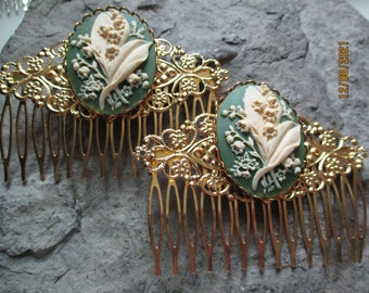 Choose Gold, Silver or Bronze - Pair of Lily of the Valley Cameo Filigree Hair Combs - Hair Accessory - Wedding - Bridal - Formal - Prom