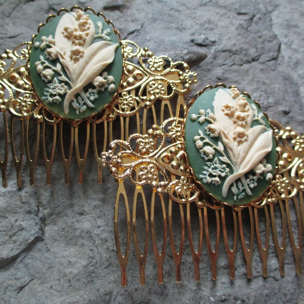 Choose Gold, Silver or Bronze - Pair of Lily of the Valley Cameo Filigree Hair Combs - Hair Accessory - Wedding - Bridal - Formal - Prom