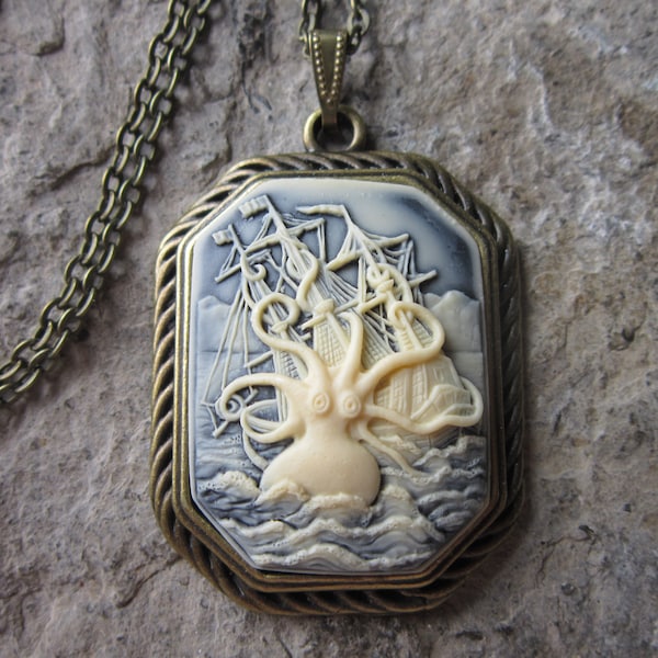Choose Bronze or Silver - Kraken and Clipper Ship in Waves Cameo Necklace - Octopus - Squid  - Sea Monster - Victorian Goth - Steampunk