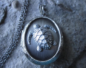 Choose Antiqued Silver, Silver, Gold, Rose Gold - Sea Turtle Locket -Photos, Keepsakes, Wedding, Vacation, Cruise, Beach, Turtle, Sea, Ocean