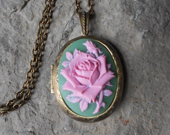Rosa en verde camafeo antiguo medallón bronce - English Rose - buscar - calidad - boda - Dama de honor - única