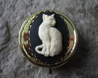 Choose Gold or Silver/Cream, Black or White - Kitty Cat Cameo Pill Box - Medication Case - Pill Case - Meds - Bird - Medication Organizer