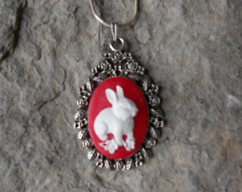 Stunning White Bunny Rabbit (on a red background) Cameo Pendant Necklace---.925 plated 22" Chain--- Great Quality