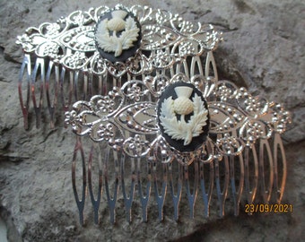 Choose Silver or Gold - Pair of Scottish Thistle Cameo Filigree Hair Combs - Scotland - Hair Accessory - Hair Clips - Celtic -Scotland