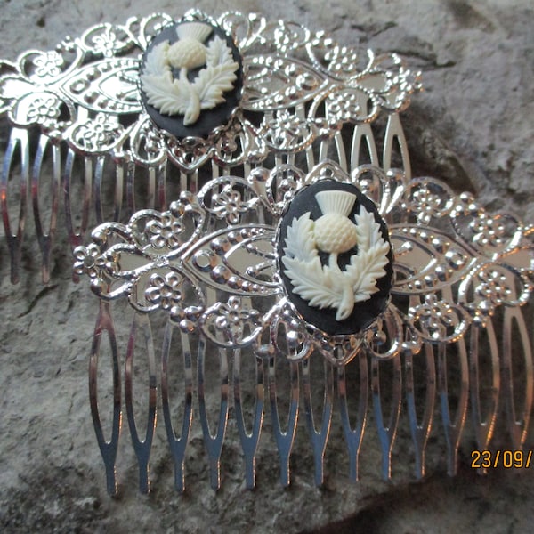 Choose Silver or Gold - Pair of Scottish Thistle Cameo Filigree Hair Combs - Scotland - Hair Accessory - Hair Clips - Celtic -Scotland