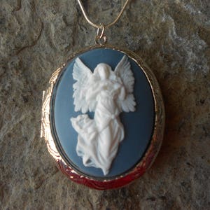 Choose Blue or Red - Guardian Angel Cameo Silver Plated Lockets - Religious, Easter, Christmas, Weddings, Photos, Keepsakes