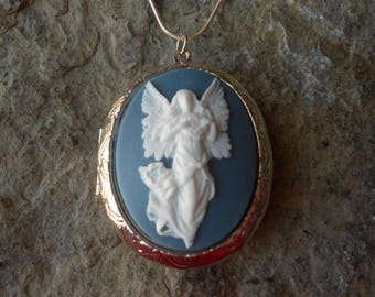 Choose Blue or Red - Guardian Angel Cameo Silver Plated Lockets - Religious, Easter, Christmas, Weddings, Photos, Keepsakes