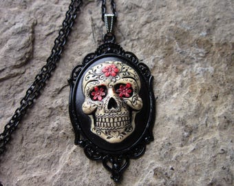 Hand Painted - Sugar Skull - Black Setting - Skeleton, Halloween, Unique, Goth, Gothic, Mexican Sugar Skull