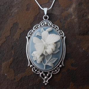 Stunning Butterfly Cameo Pendant Necklace (white on sky blue) ,  Great Quality!! 2" Long - Something Blue, Weddings