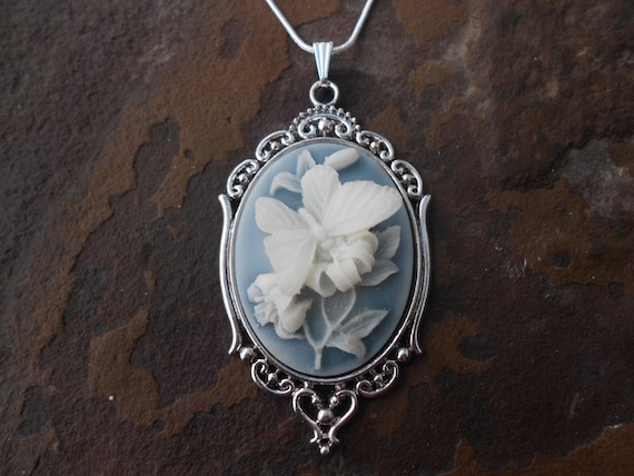 Stunning Butterfly Cameo Pendant Necklace white on Sky Blue - Etsy