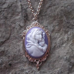 Choose Purple or Blue - Virgin Mary & Baby Jesus Cameo Rose Gold Tone Copper Pendant Necklace - Unique - Religious
