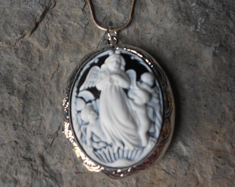 Cameo Locket!!! Guardian Angel with Babies (white on black)!!! High Quality!!!  Weddings, Photos, Keepsakes