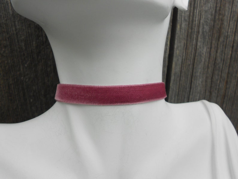 May include: A thin, dusty rose velvet choker necklace.
