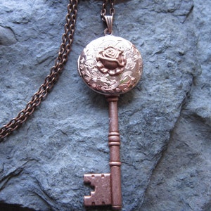 Choose Rose Gold Plated or Rose Gold Ox - Round Locket with Rose on a Skeleton Key- Quality - Weddings, Photos, Keepsakes, Valentine&#39;s Day
