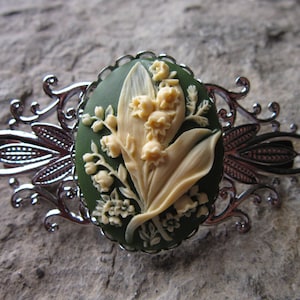 Choose Green, Black or Burgundy - Lily of the Valley Cameo Silver Filigree Barrette - Hair Accessory - Hair - Bridal Accessory - Floral