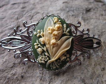 Choose Green, Black or Burgundy - Lily of the Valley Cameo Silver Filigree Barrette - Hair Accessory - Hair - Bridal Accessory - Floral