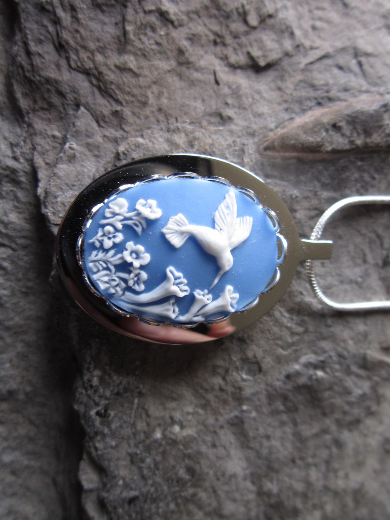 Hummingbird on Sky Blue Cameo Stainless Steel Urn Necklace Stainless Steel or Gold Plated Ashes -Lock of Hair- Bird Memorial Urn