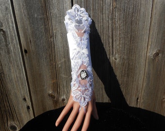 Pair of White Satin and Lace Gloves with White Rose Cameo - Bridal, Wedding, Formal, Prom, Evening, Costume