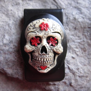 Mexican Sugar Skull (Hand Painted) Cameo Black Money Clip - Unique - Biker -Father's Day Gift - Dad - Anniversary - Father's Day - Christmas
