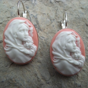 Gorgeous Virgin Mary Cradling Baby Jesus Cameo French Lever Back Earrings!!!  Wonderful Quality!!!