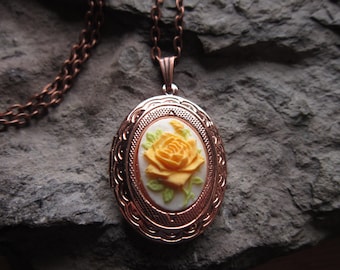 Choose Rose Gold or Rose Gold Ox - Yellow Rose Cameo Rose Gold Plated Locket - Floral - Flower - Texas - Photos, Keepsakes